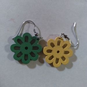 Yellow pair and green pair of wood earrings